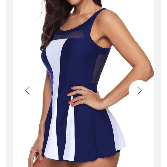 Zando Womens Tummy Control Swim Dress Plus Size 5XL Navy/White Pool Beach - Picture 3 of 11